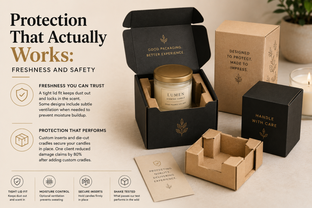 Customer following a step-by-step process on a desktop computer to order custom candle boxes online, from measuring candle jars and selecting materials to approving artwork and confirming production.