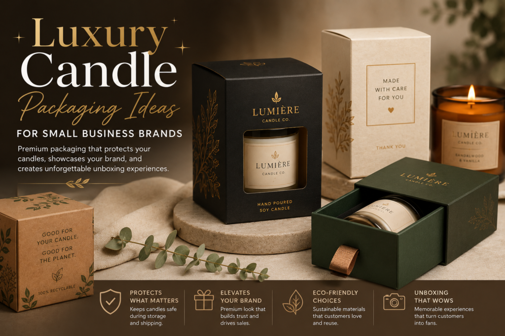Luxury candle packaging ideas featuring custom window boxes, rigid drawer boxes, branded candle boxes, and eco-friendly kraft packaging for small business brands.