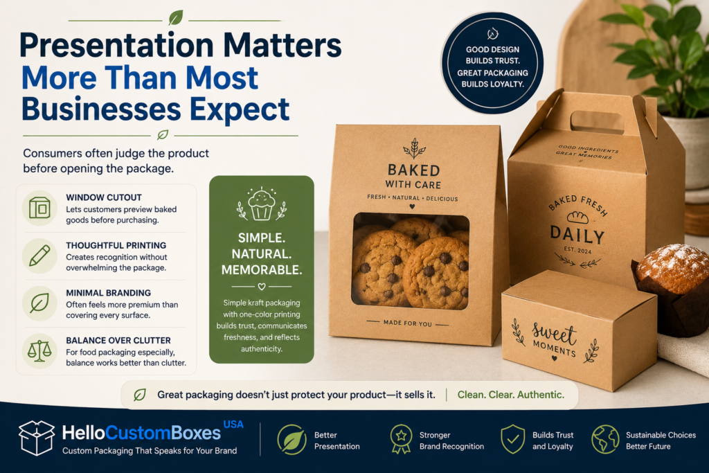 Kraft bakery packaging with a window cutout and minimal one-color branding, demonstrating how clean packaging design enhances product presentation, builds customer trust, and showcases baked goods for Hello Custom Boxes USA.