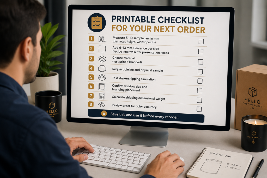 Customer using a desktop computer to follow a printable checklist for ordering custom candle boxes, including jar measurements, material selection, dieline approval, shipping review, and final artwork confirmation.