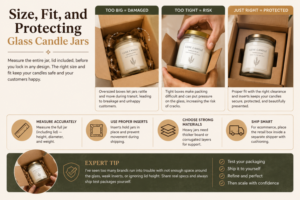 Glass candle jar packaging comparison showing oversized, tight, and properly fitted boxes with inserts for safer shipping.