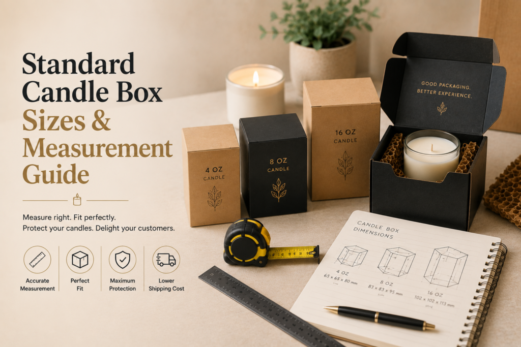 Standard candle box sizes with measuring tools, candle jars, and custom packaging boxes illustrating accurate box measurements for safe shipping and professional presentation.