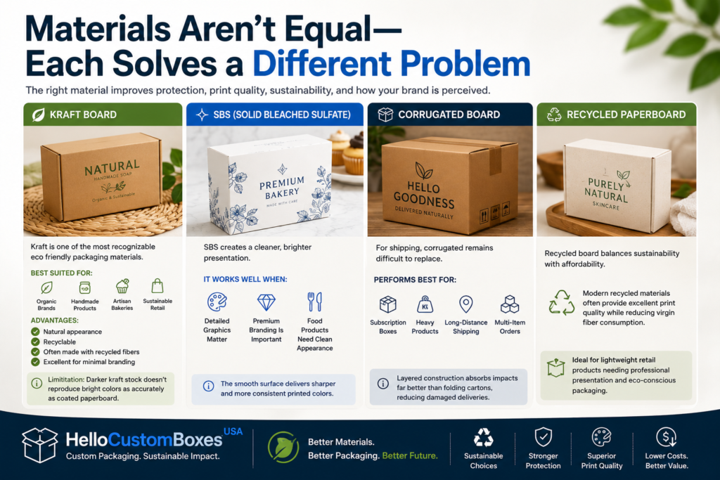 Illustration comparing kraft board, SBS paperboard, corrugated board, and recycled paperboard, highlighting their best uses, durability, print quality, and sustainability benefits for custom packaging solutions by Hello Custom Boxes USA.
