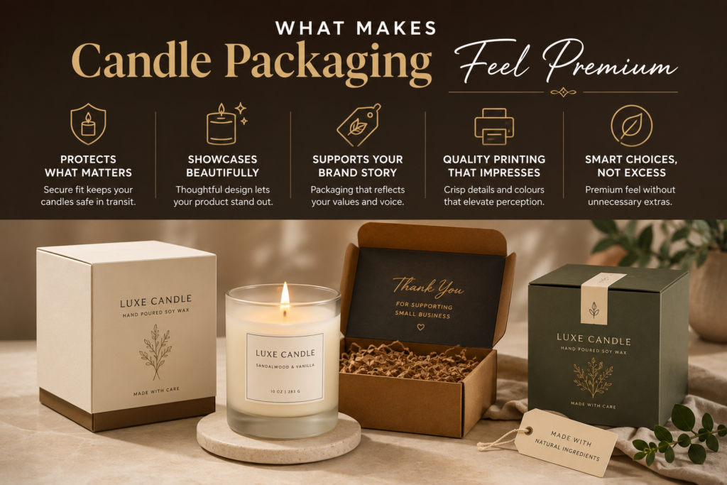 Premium candle packaging with protective boxes, quality printing, branded presentation, and thoughtful materials for retail and shipping.
