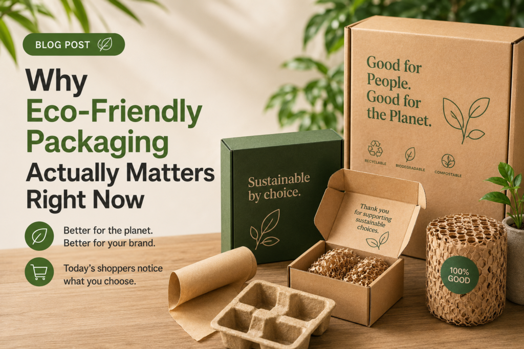 Eco-friendly packaging materials, including recyclable kraft boxes, paper fillers, and biodegradable packaging displayed in a sustainable product scene.