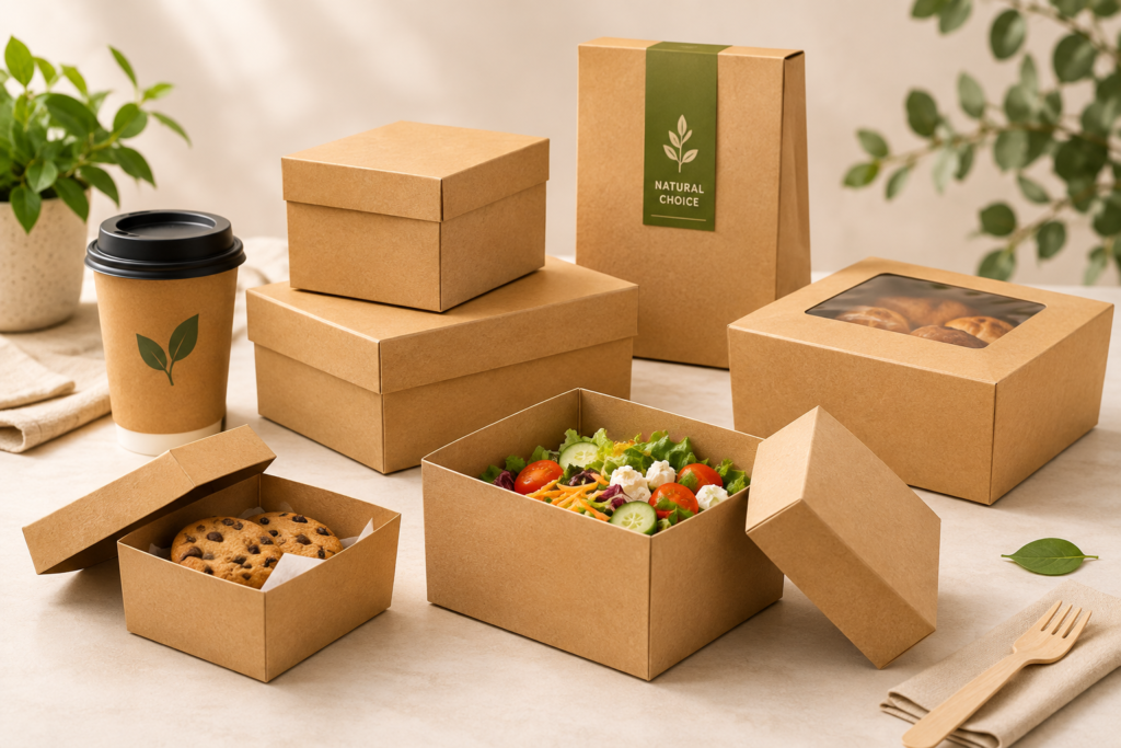 Kraft food packaging for salads, bakery items, takeaway meals, and other fresh foods.