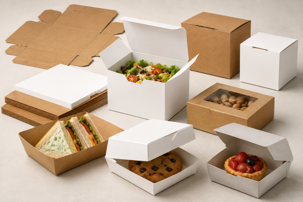 Paperboard food packaging for lightweight foods, including salads, sandwiches, cookies, and bakery items.
