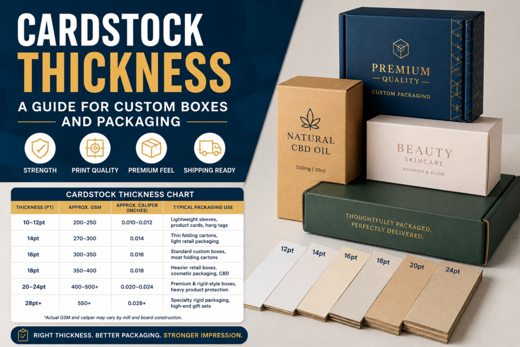 cardstock thickness chart, paperboard samples from 12pt to 24pt, and premium custom packaging boxes to explain cardstock thickness for custom boxes and packaging.