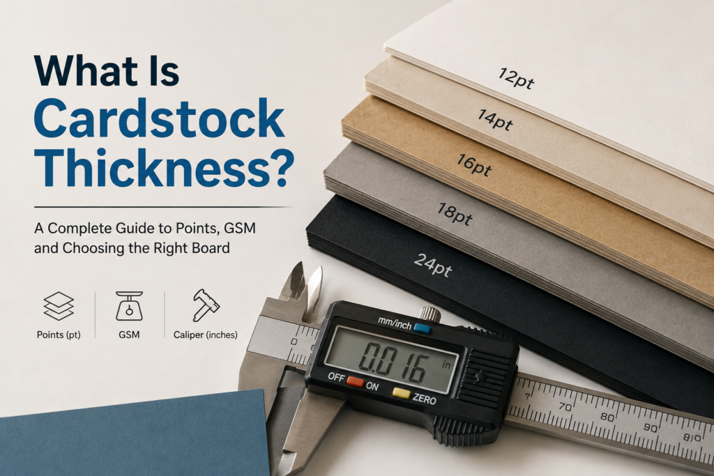 Custom packaging design workspace featuring stacked cardstock sheets, packaging box samples, a digital caliper, colour swatches, and box dielines used to compare paperboard thickness for different packaging applications.