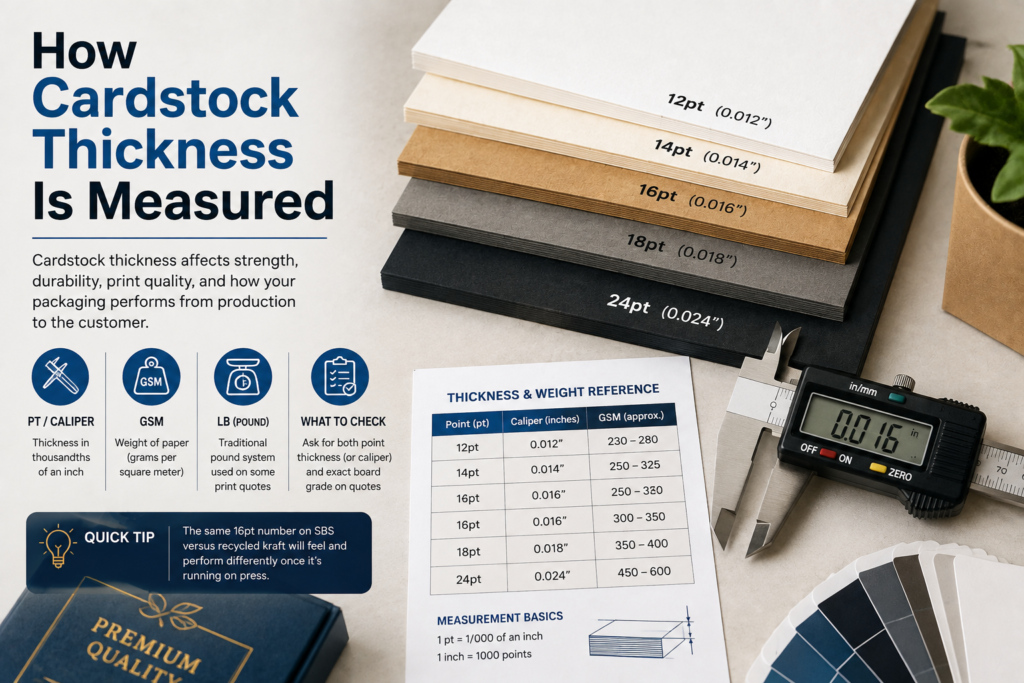 Custom packaging design workspace featuring stacked cardstock sheets, packaging box samples, a digital caliper, colour swatches, and box dielines used to compare paperboard thickness for different packaging applications.