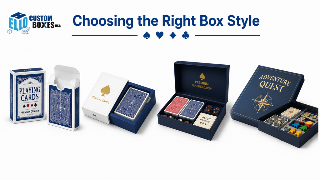 Playing card box styles including tuck, sleeve, rigid, and game boxes.