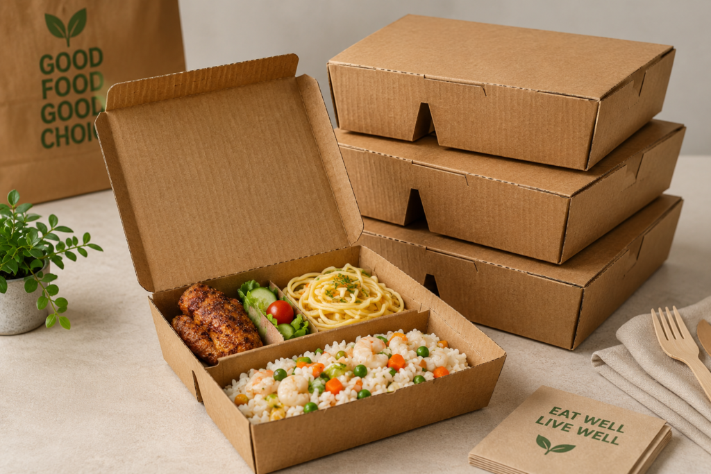 Corrugated cardboard food boxes with divided meals for demanding takeaway and delivery packaging.