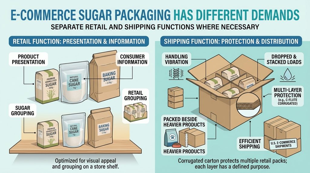 An infographic titled "E-Commerce Sugar Packaging Has Different Demands" illustrating the separate roles of retail and shipping packaging.