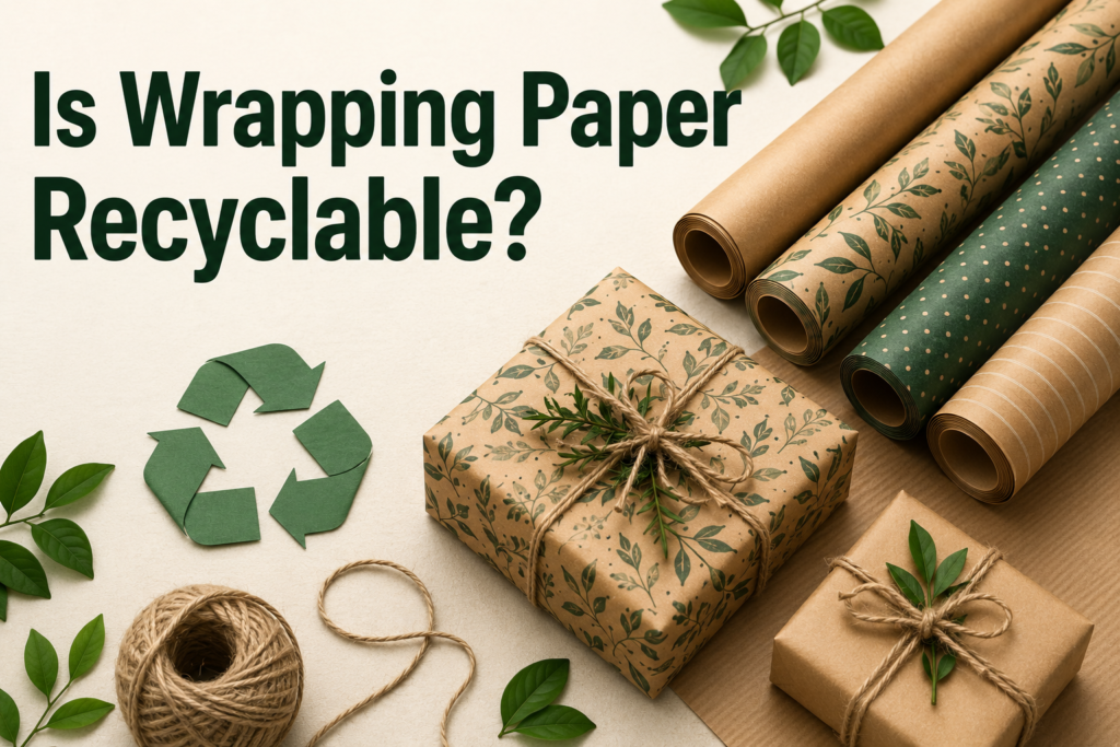Eco-friendly wrapping paper rolls and kraft-wrapped gifts with a recycling symbol illustrating recyclable wrapping paper.