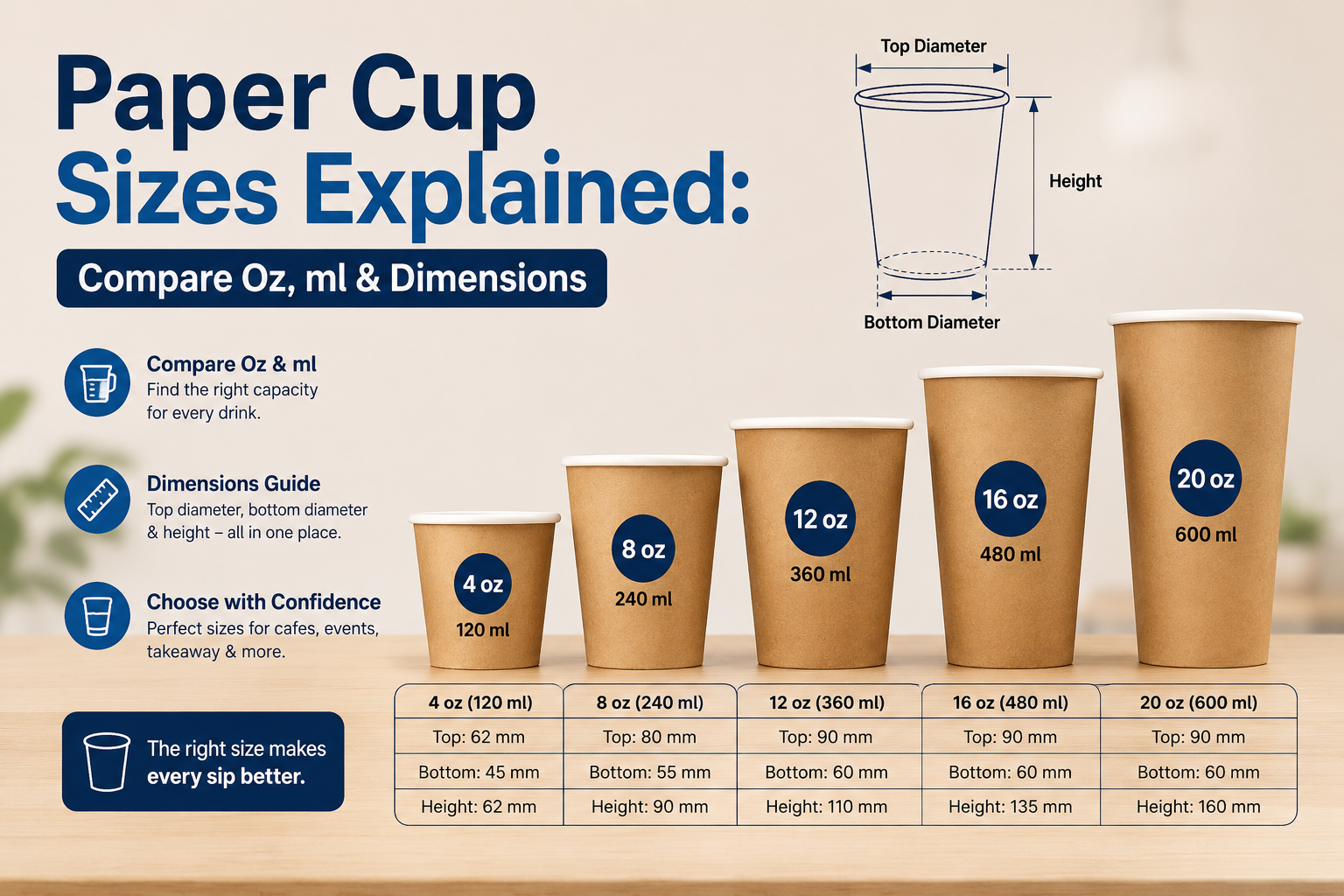 Paper Cup Sizes Explained: Oz, ml, Dimensions & Uses