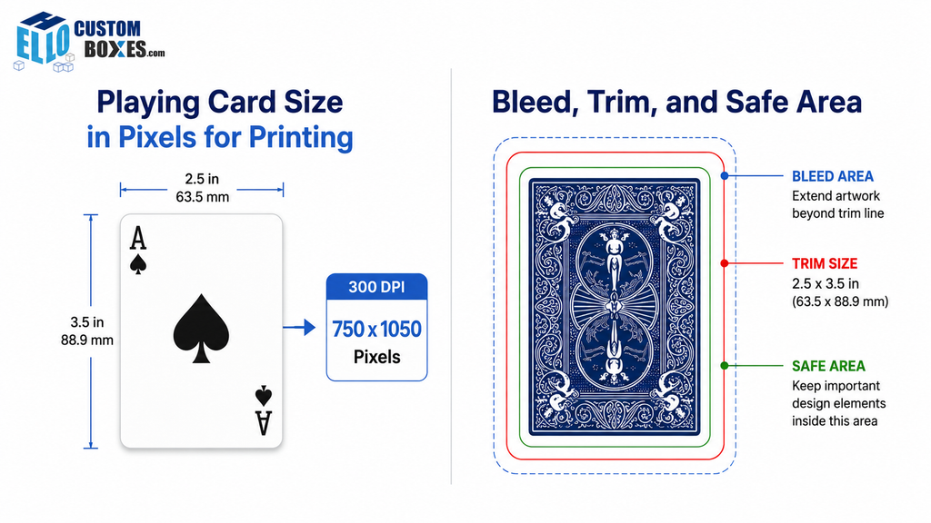 Playing card size in pixels with bleed, trim, and safe area guides.