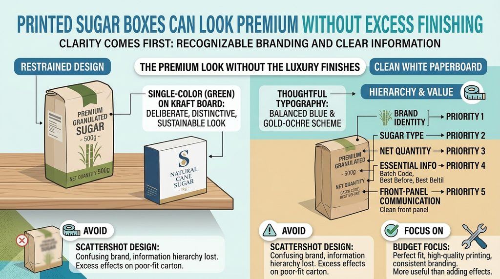 An informational infographic about printed sugar packaging box design, titled "PRINTED SUGAR BOXES CAN LOOK PREMIUM WITHOUT EXCESS FINISHING" with a subheading "CLARITY COMES FIRST: RECOGNIZABLE BRANDING AND CLEAR INFORMATION.