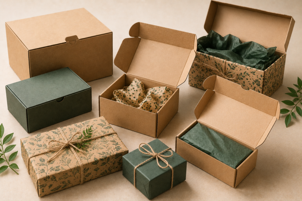 Open and closed recyclable paper gift boxes with kraft packaging and paper wrapping materials arranged on a natural surface.