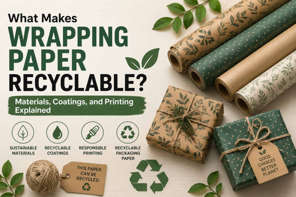 Recyclable wrapping paper rolls and kraft-wrapped gifts showing sustainable materials, coatings, and printing.