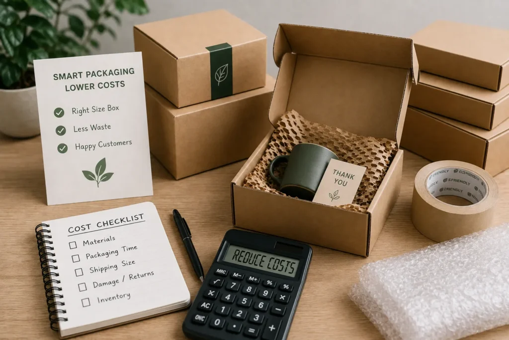 Right-sized kraft boxes and packing materials showing practical ways to reduce packaging costs.