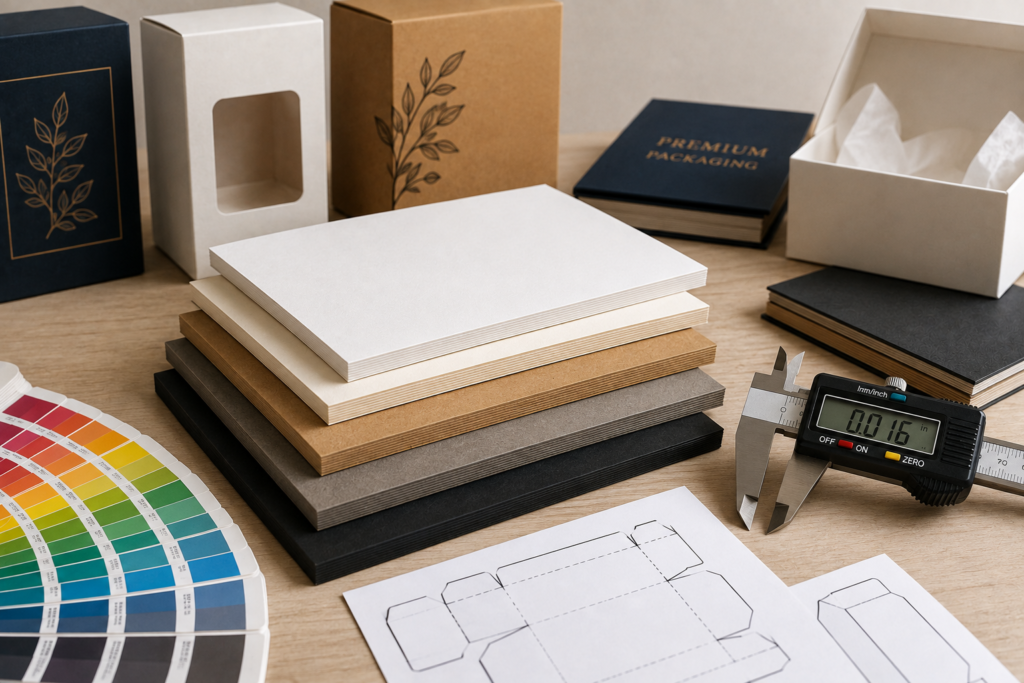 Cardstock samples in multiple thicknesses with custom packaging boxes, a digital caliper, packaging dielines, and print colour swatches arranged on a workspace to help select the right paperboard for packaging.