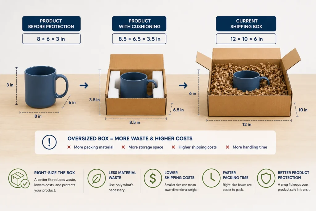 showing a product before protection, with cushioning, and inside an oversized shipping box, illustrating how right-sized packaging can reduce material waste, shipping costs, and handling time while maintaining product protection.