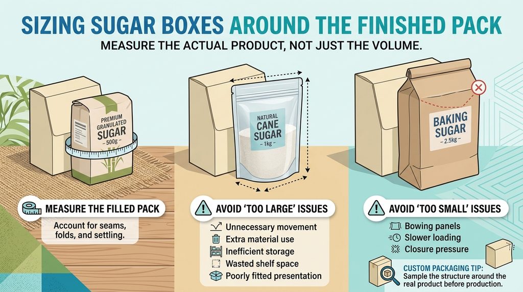 An infographic titled "Sizing Sugar Boxes Around the Finished Pack" detailing proper custom packaging dimensions.