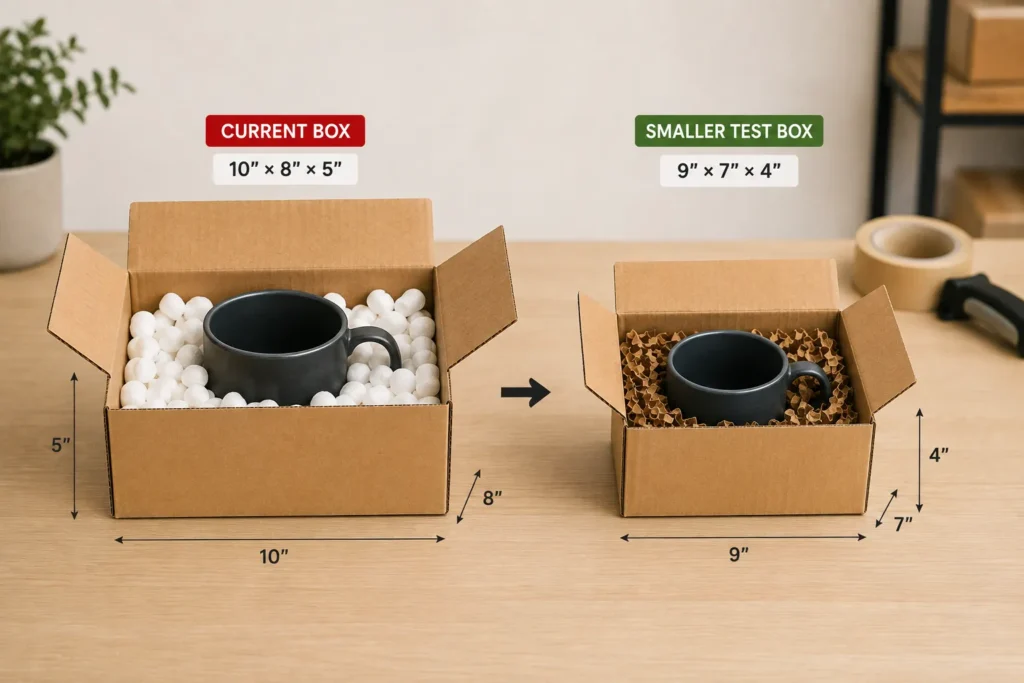 Comparison of a current 10 × 8 × 5 inch shipping box and a smaller 9 × 7 × 4 inch test box, showing the same product packed with cushioning to evaluate fit and protection.