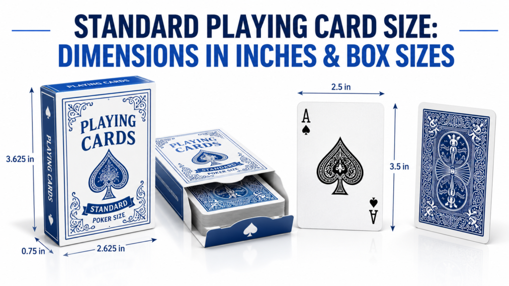 Standard playing card size with dimensions in inches and box size measurements.