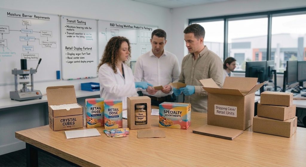 A packaging design lab setup showcasing various sugar box options placed on a wooden workbench. On the left are paperboard cartons for sugar cubes, sachets, and specialty retail items.