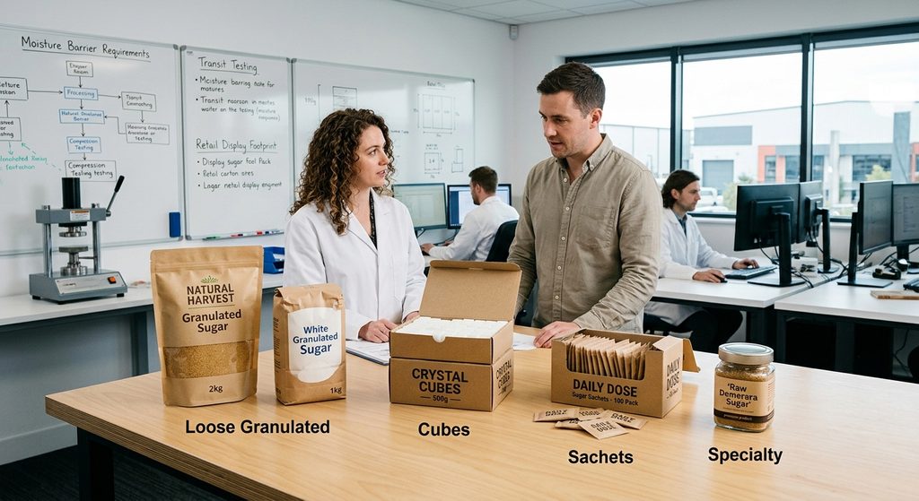 A packaging design laboratory featuring various sugar package formats on a wooden table, including granulated sugar pouches, cube boxes, sachet cartons, and specialty jars, with designers in the background discussing structural packaging specifications.