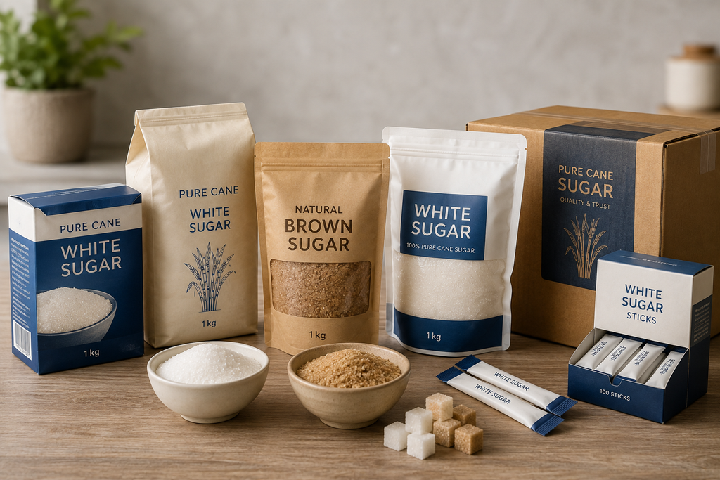 Sugar packaging for granulated sugar, cubes, and sachets.
