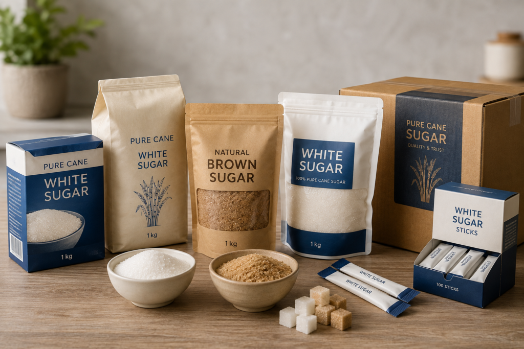 Sugar packaging options for white, brown and cane sugar products