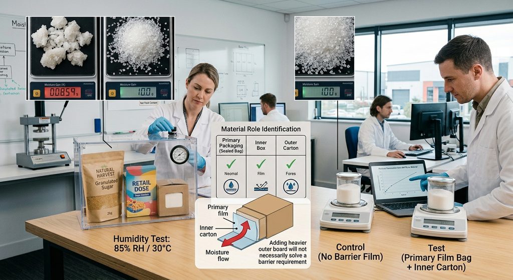 A side-by-side comparison illustrating moisture-barrier testing for sugar packaging. In a lab, a 'Control' container with no inner film shows clumped, sticky sugar with high moisture gain (0.85%). Next to it, a 'Test' setup using a Primary Film Bag within an Inner Carton keeps the granulated sugar dry and free-flowing (1.00%).