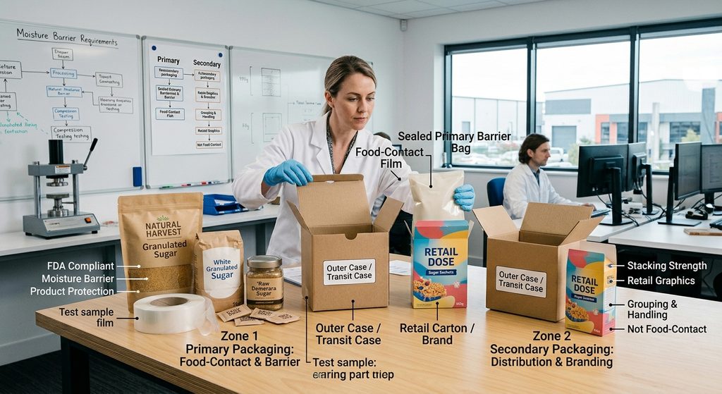 A side-by-side visual comparison in a packaging design lab. A central graphic explicitly contrasts 'Primary (Food-Contact)' packaging, which is the sealed barrier bag containing the sugar, and 'Secondary (Grouping & Branding)' packaging, which is the outer paperboard carton. The lab background features a researcher.