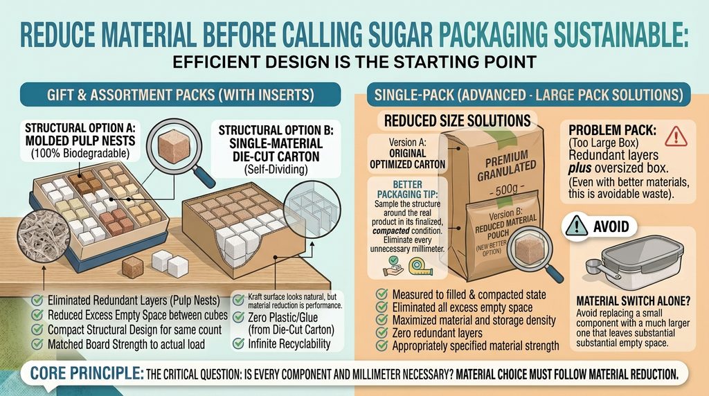 REDUCE MATERIAL BEFORE CALLING SUGAR PACKAGING SUSTAINABLE: EFFICIENT DESIGN IS THE STARTING POINT" comparing sustainable packaging designs.