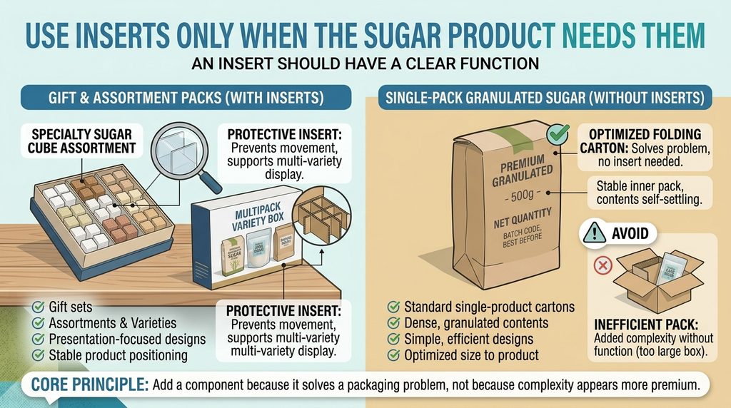 An infographic titled "USE INSERTS ONLY WHEN THE SUGAR PRODUCT NEEDS THEM" demonstrating packaging principles.