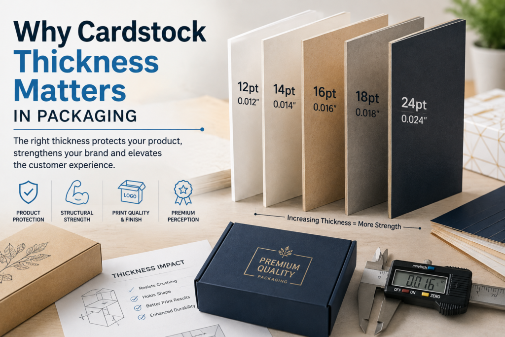 Cardstock sheets in different thicknesses beside custom packaging boxes and a digital caliper showing how thicker cardstock improves packaging strength, durability, print quality, and product protection.