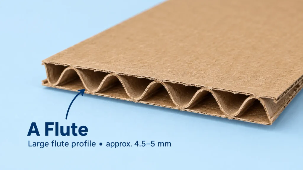 A flute corrugated cardboard showing a large 4.5–5 mm flute.