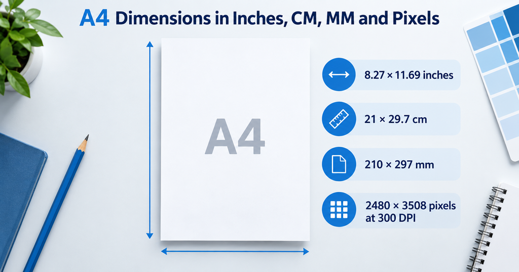 A4 paper dimensions in inches, cm, mm and pixels with size measurements.