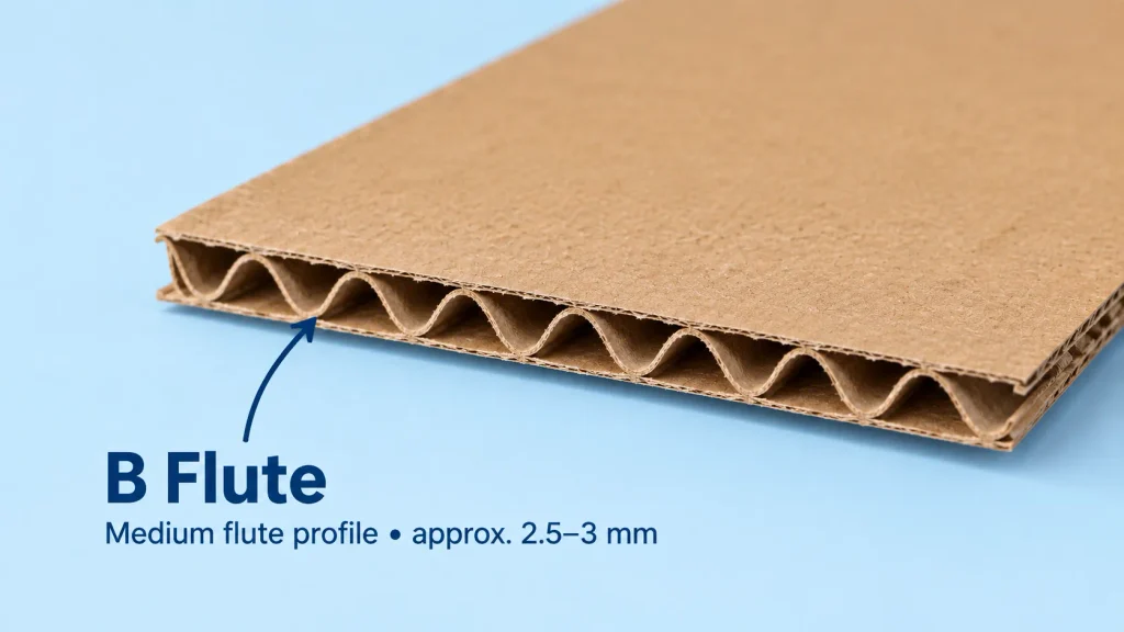 B flute corrugated cardboard showing a medium 2.5–3 mm flute.