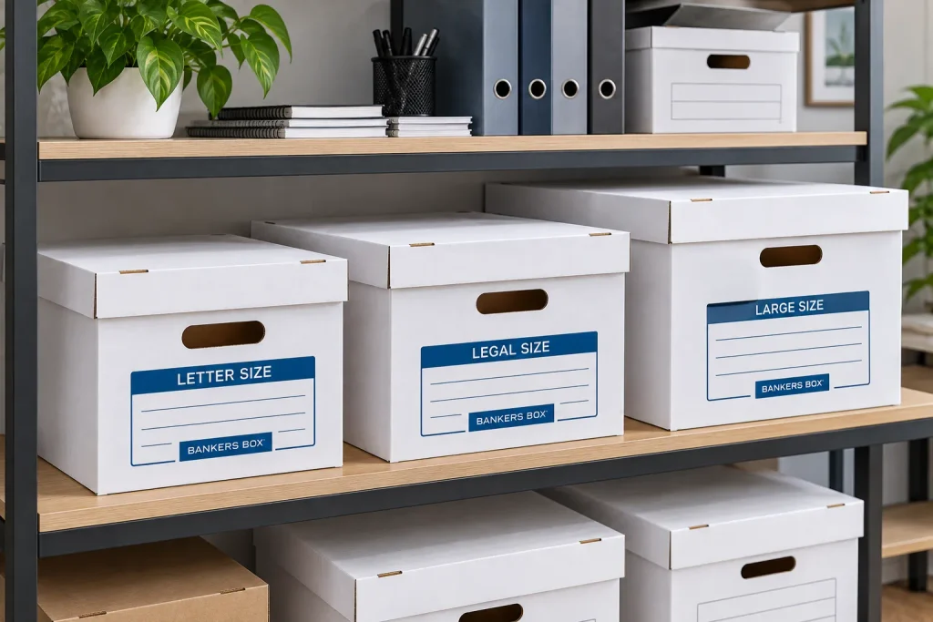 Different banker box sizes arranged neatly on office storage shelves.