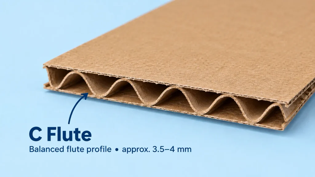 C flute corrugated cardboard showing a balanced 3.5–4 mm flute profile