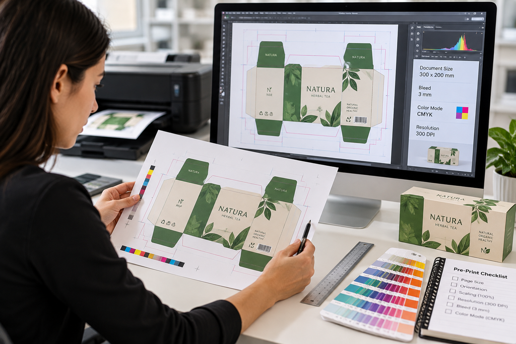 Designer reviewing packaging artwork, bleed margins, CMYK colors, and print resolution before printing.