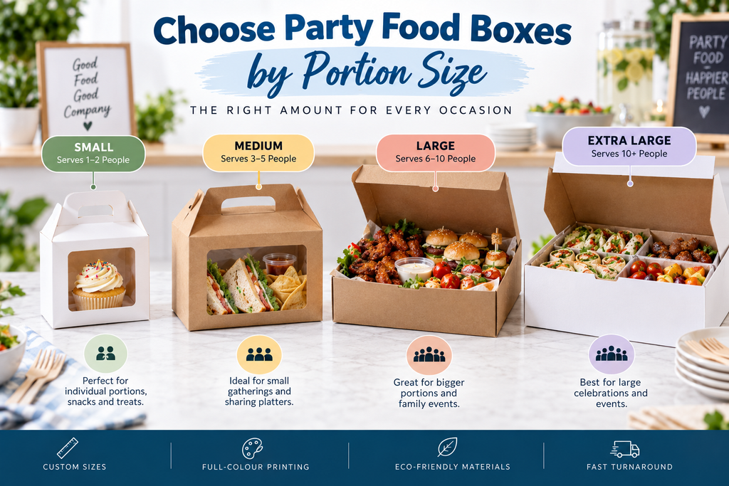 choose the party food boxes with different portion sizes like large, medium, small and others