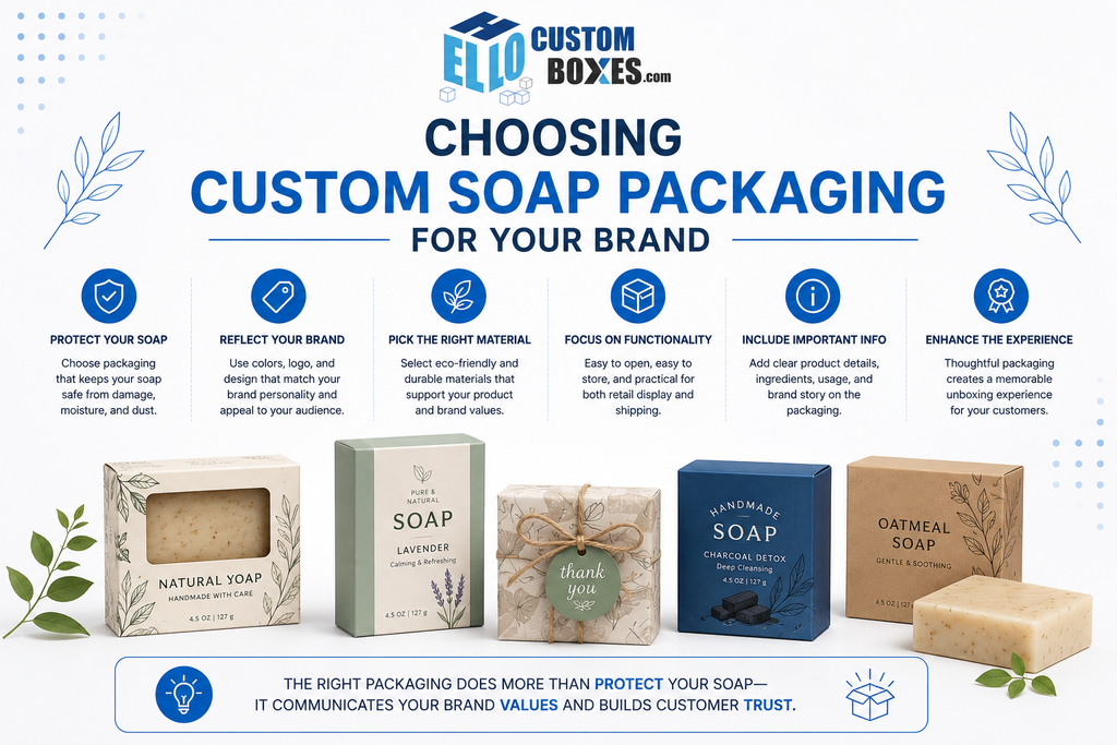 Infographic showing key factors for choosing custom soap packaging, including product protection, brand design, material selection, functionality, product information, and customer experience.