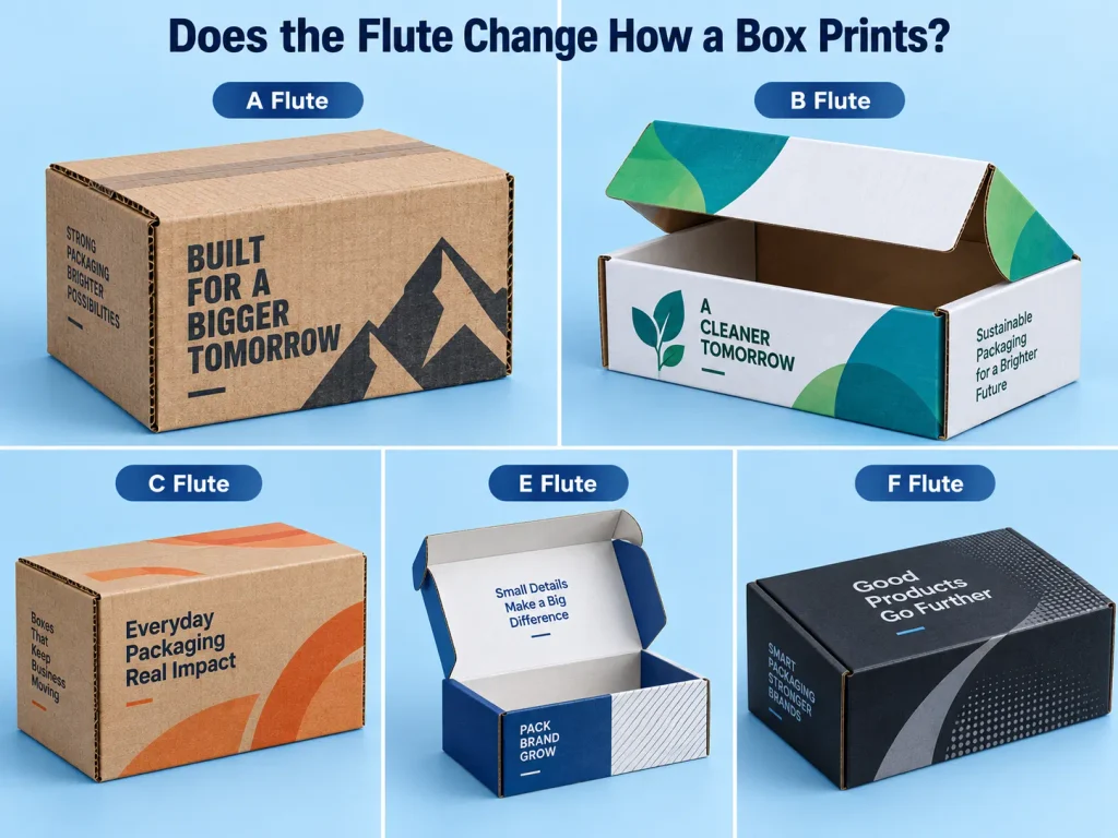 Comparison image showing A, B, C, E and F flute corrugated boxes in different colors and angles to explain how flute type can affect print appearance and box presentation.