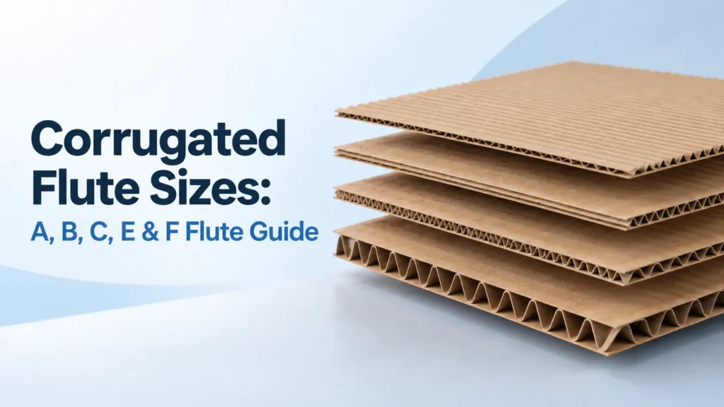 Corrugated flute sizes guide showing A, B, C, E and F flute cardboard profiles in different thicknesses.