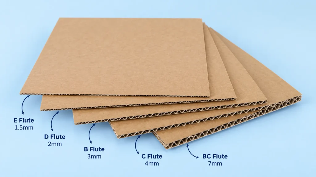 Corrugated flute sizes comparison showing E, D, B, C and BC flute profiles