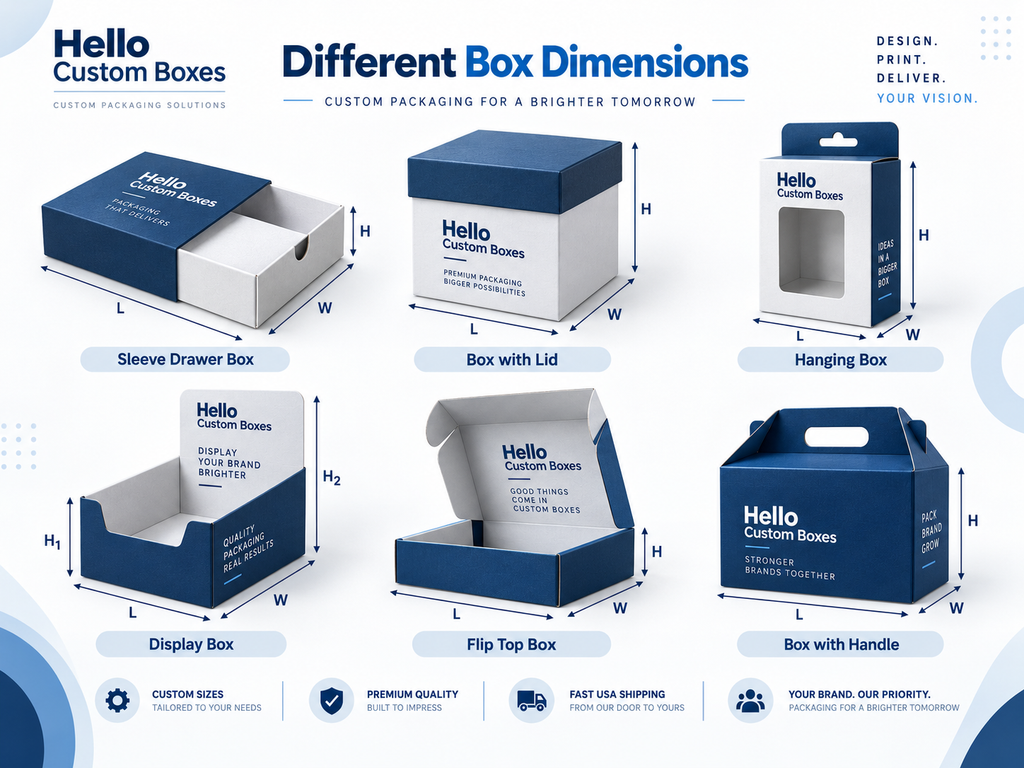 Different box dimensions with length, width and height measurements